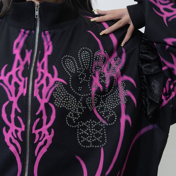 ACDC RAG - Nightmare Studded Bunny Ruffle Black Oversized Jacket - Picture 6 of 10